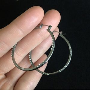 Gun Metal Silver and Rhinestone Hoop Earrings